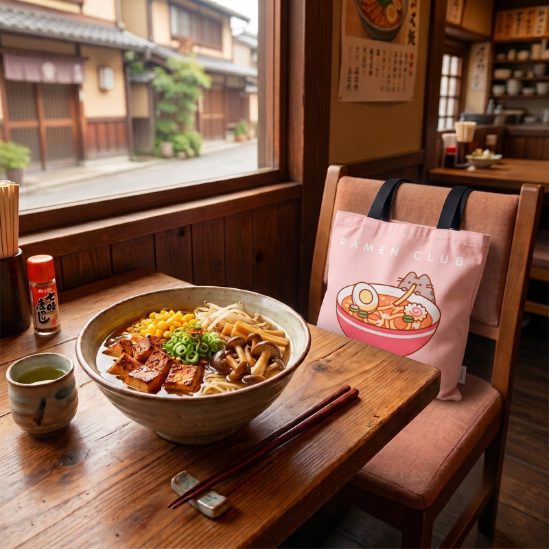 Detalle del estampado de Pusheen comiendo ramen en la tote bag
