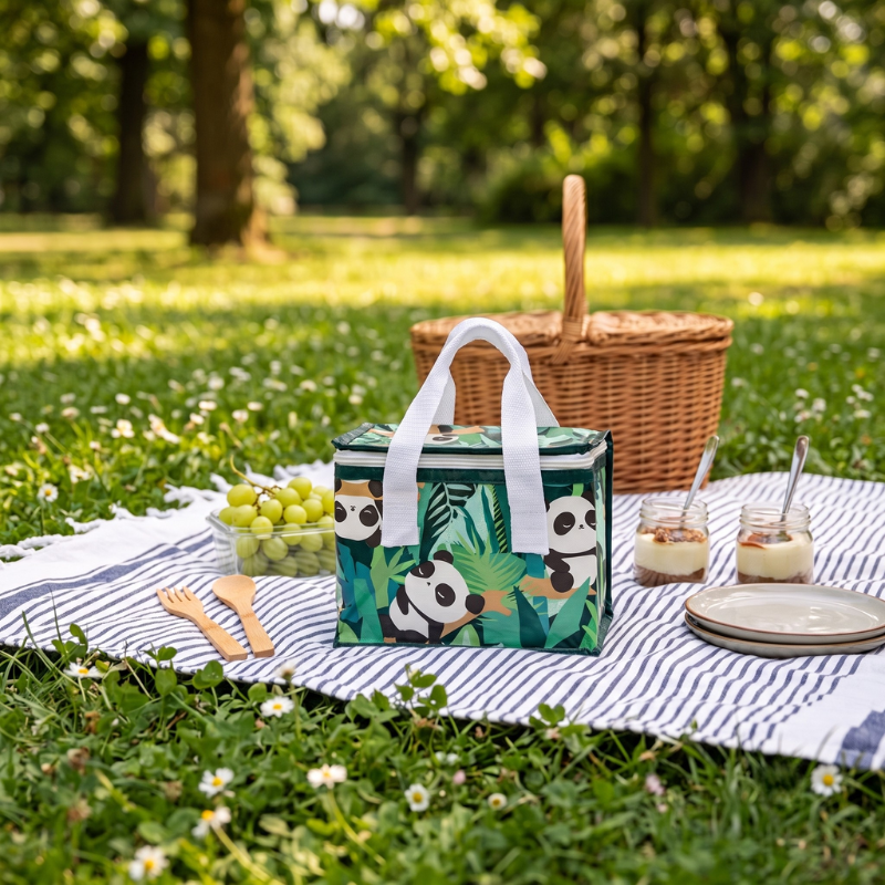 Bolsa refrigerante oso panda vista de perfil con asas
