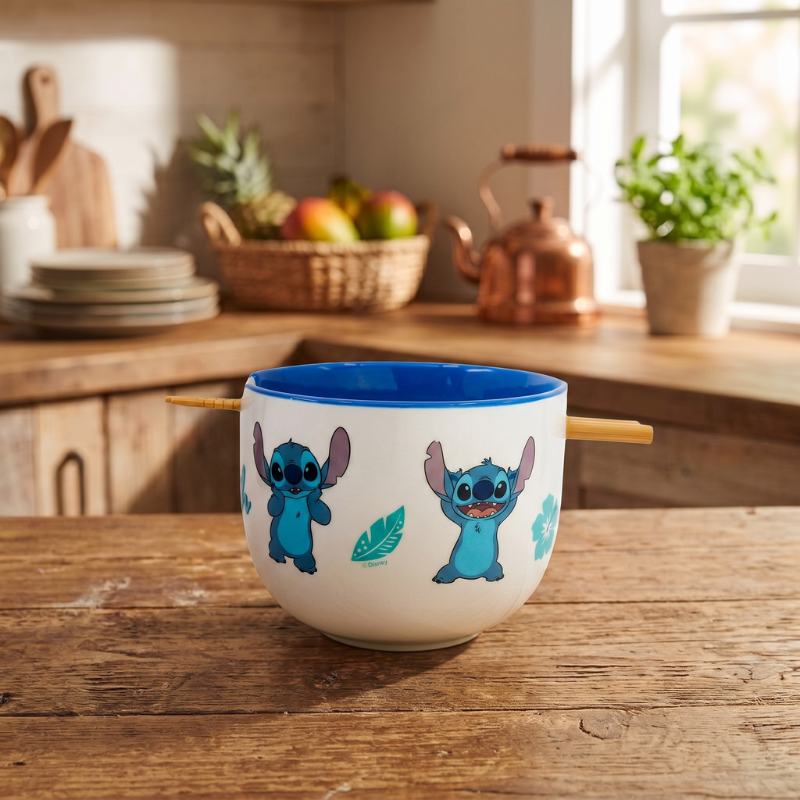 Detalle del borde del bol de Stitch con ranura para palillos