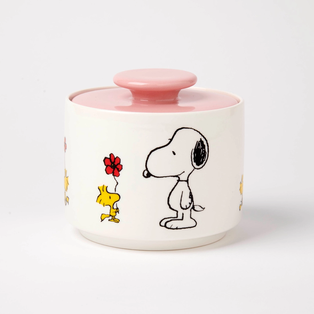 Vista lateral del tarro de cerámica Snoopy con flores
