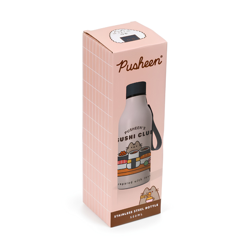 Botella térmica Pusheen Sushi Club 500ml sobre fondo decorativo