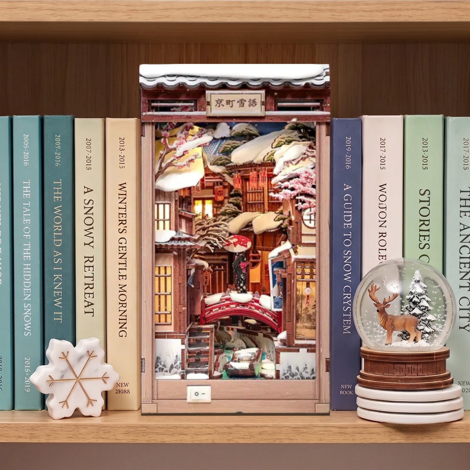 Detalle del puente rojo y farolillos del Book Nook Invierno en Kioto