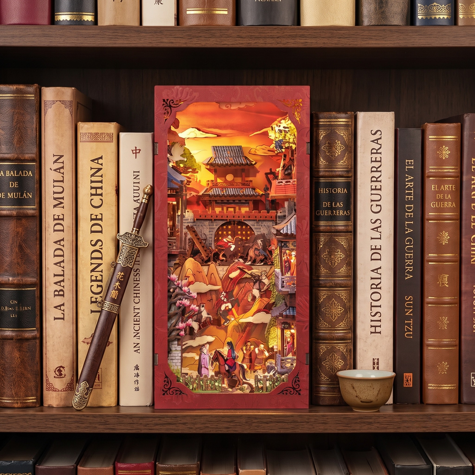 Detalle del Book Nook Mulán con iluminación LED encendida