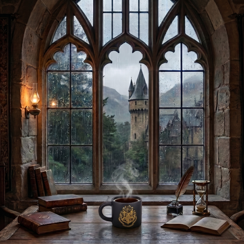 Detalle del escudo dorado de Hogwarts en la taza Harry Potter