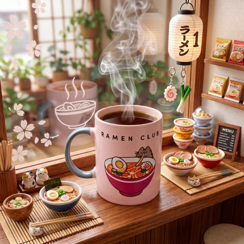 Taza Pusheen Ramen Club de porcelana mostrando a la gatita comiendo fideos