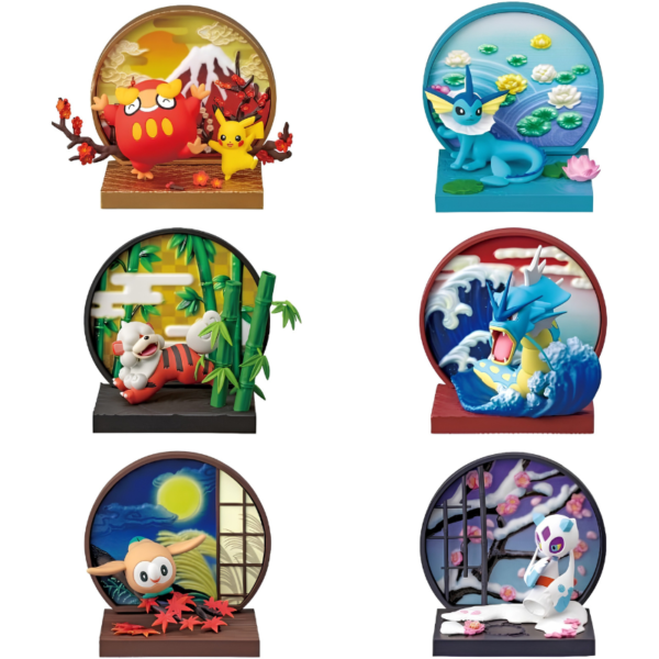 Blind Box Pokémon ventana japonesa con Pikachu y Monte Fuji