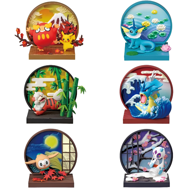 Blind Box Pokémon ventana japonesa con Pikachu y Monte Fuji