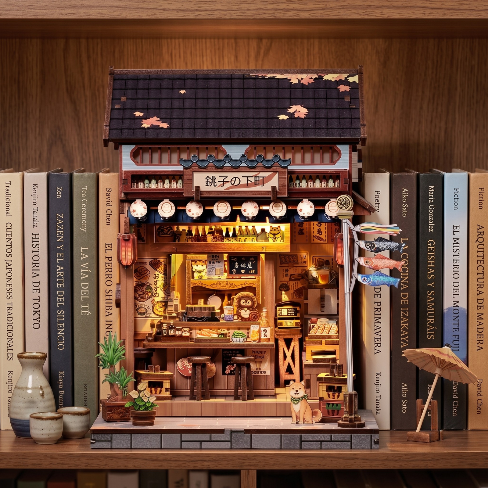 Detalle del Shiba Inu y farolillos en el Book Nook Izakaya