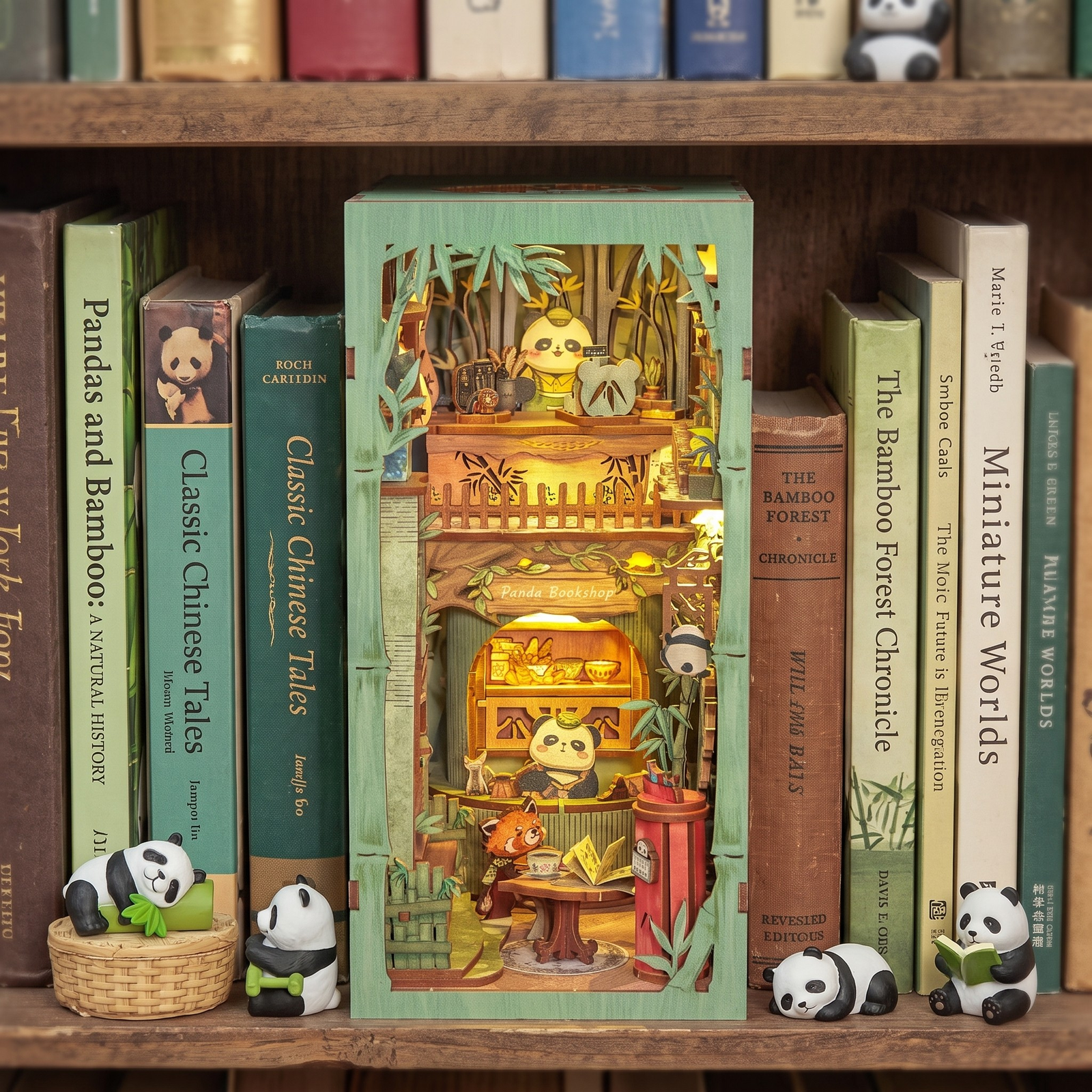 Detalle de los osos panda leyendo dentro del Book Nook de bambú