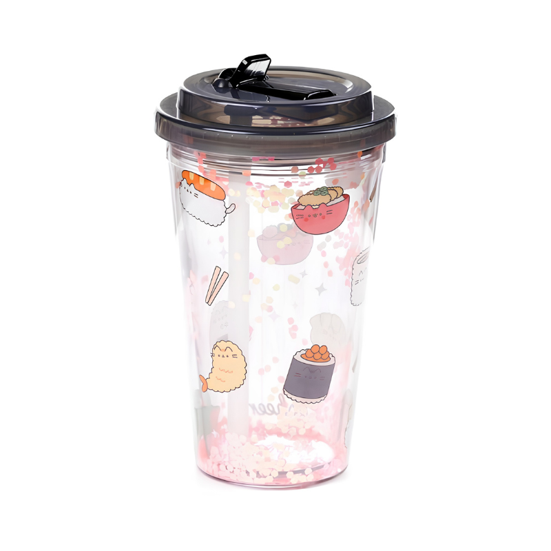 Vista lateral del vaso de doble pared Pusheen Sushi Club