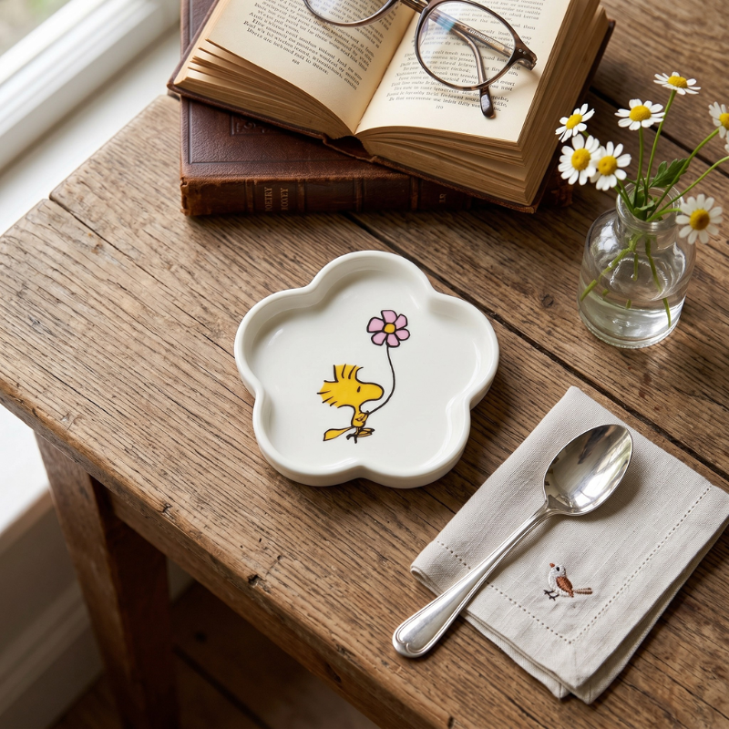 Plato Woodstock Peanuts junto a su estuche de regalo verde y rosa