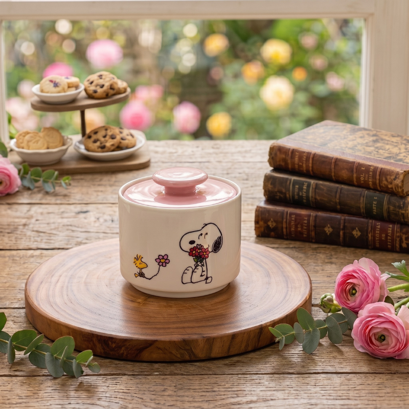 Detalle de la tapa rosa del tarro de Snoopy