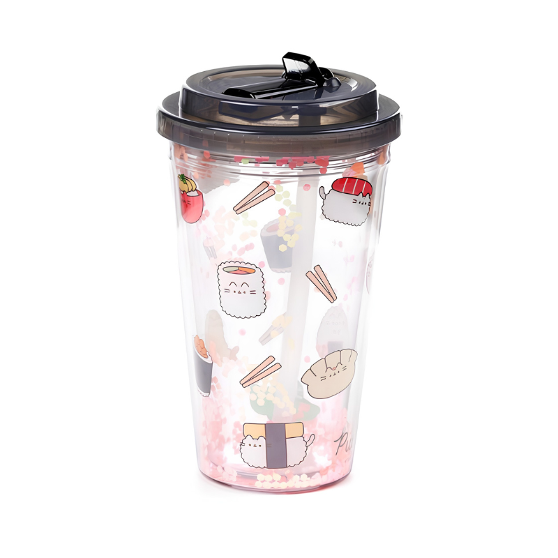 Vaso Pusheen Sushi Club con tapa de rosca y pajita reutilizable