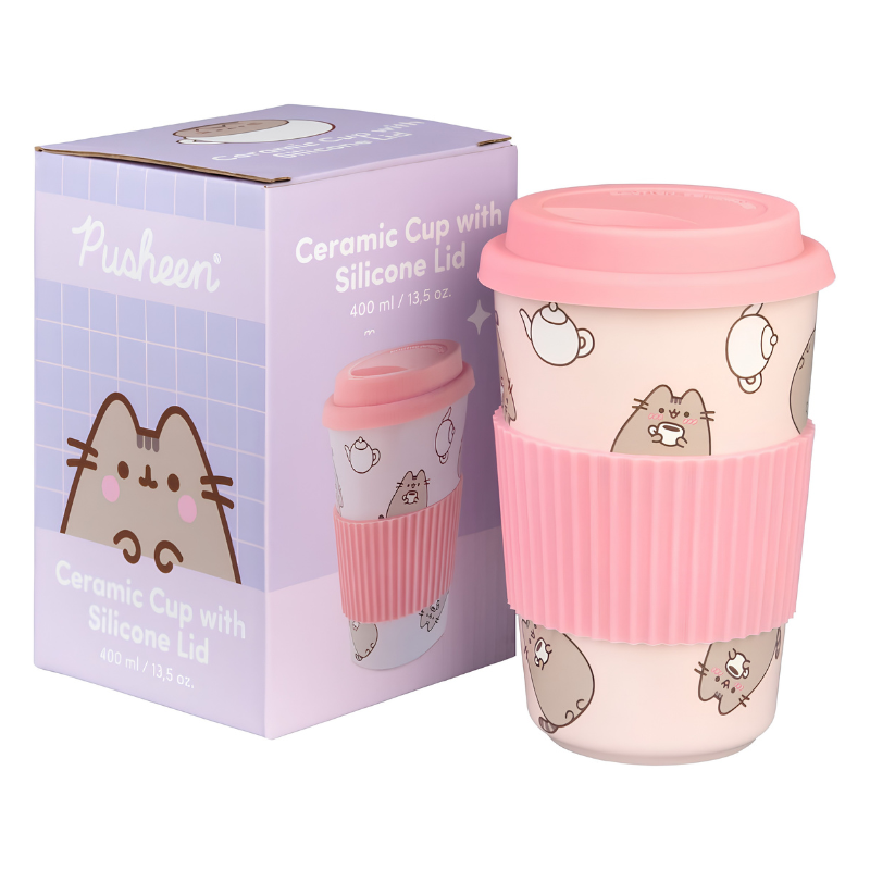 Taza para llevar Pusheen de cerámica con tapadera abierta