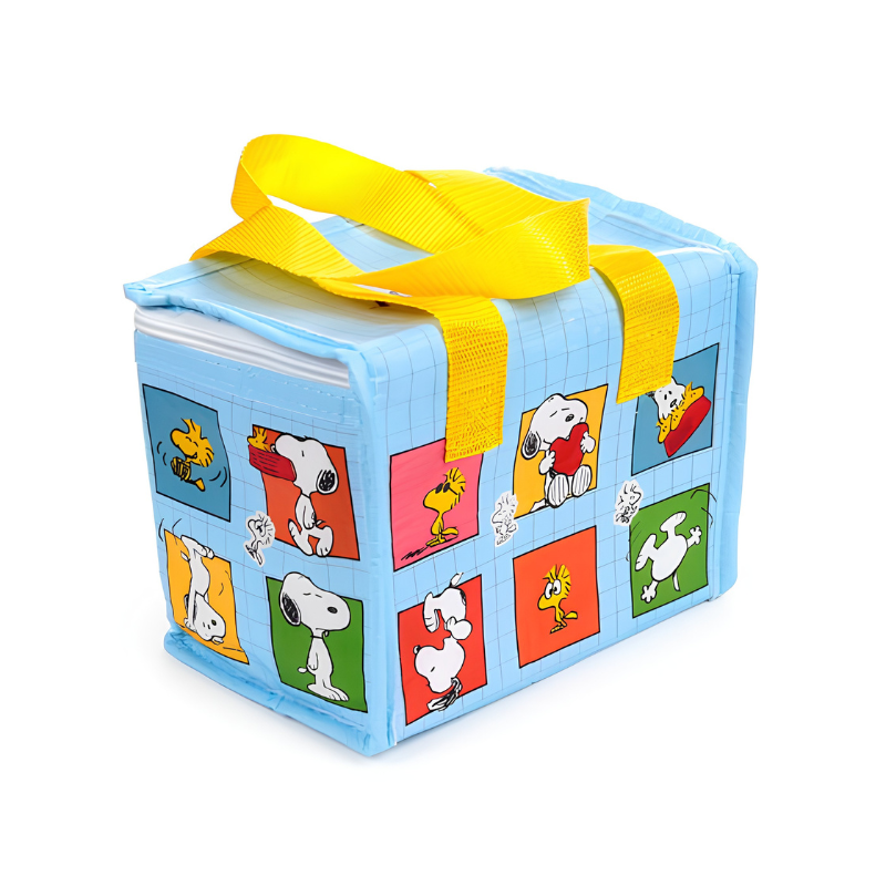 Bolsa refrigerante Snoopy vista lateral mostrando base plana