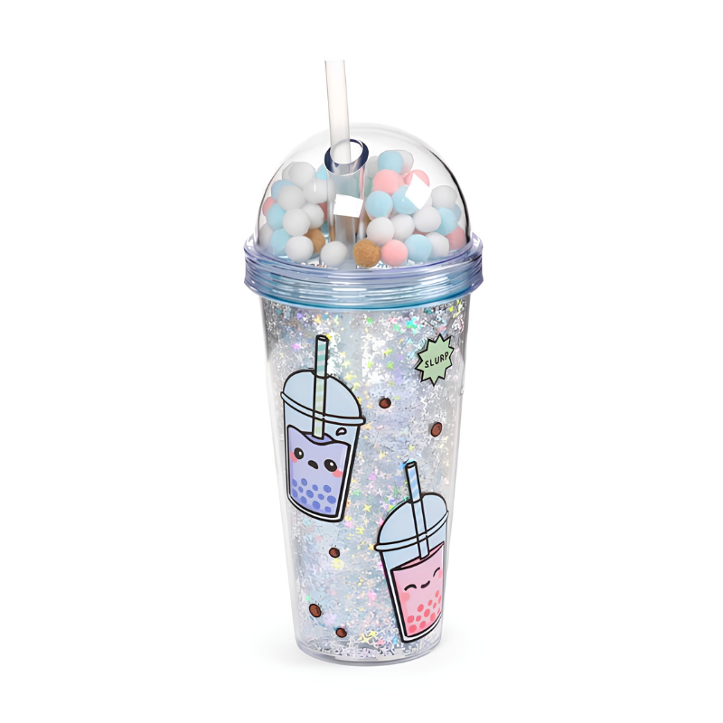 Vista lateral del vaso Bubble Tea con ilustración pastel