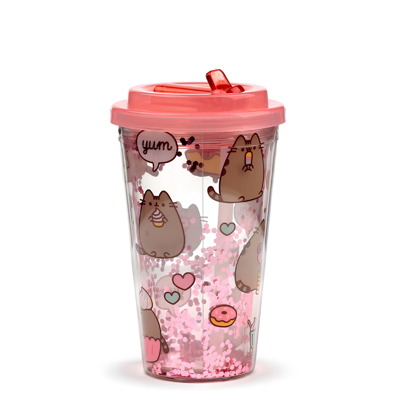 Vaso Pusheen Glotón 500ml visto desde arriba con la pajita