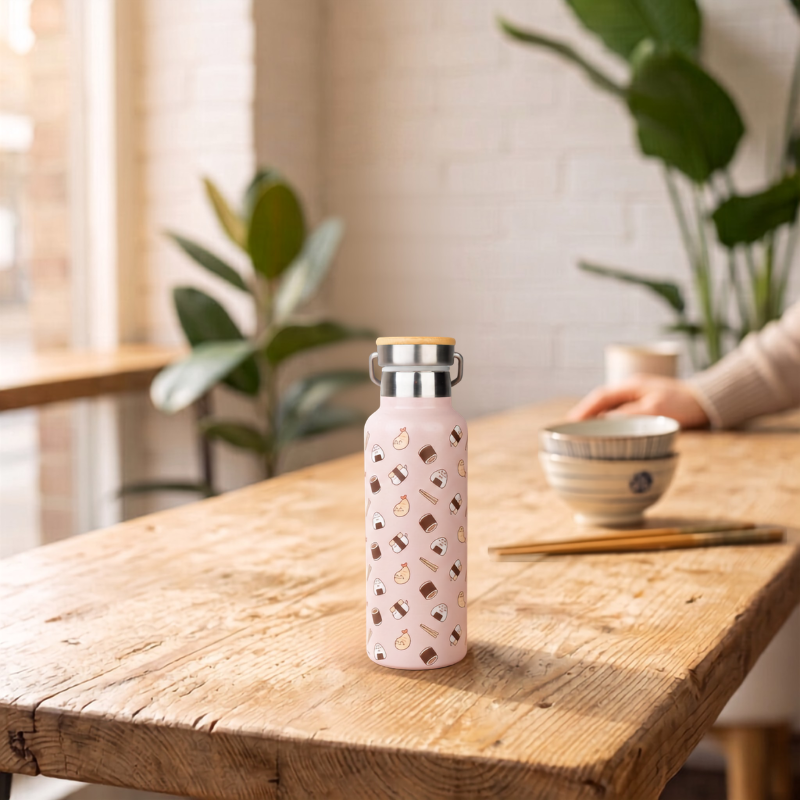 Botella metálica Pusheen Sushi Roll vista lateral con tapón de rosca