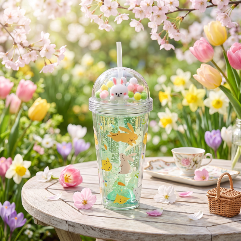 Detalle de la tapa texturizada con conejitos y flores del vaso
