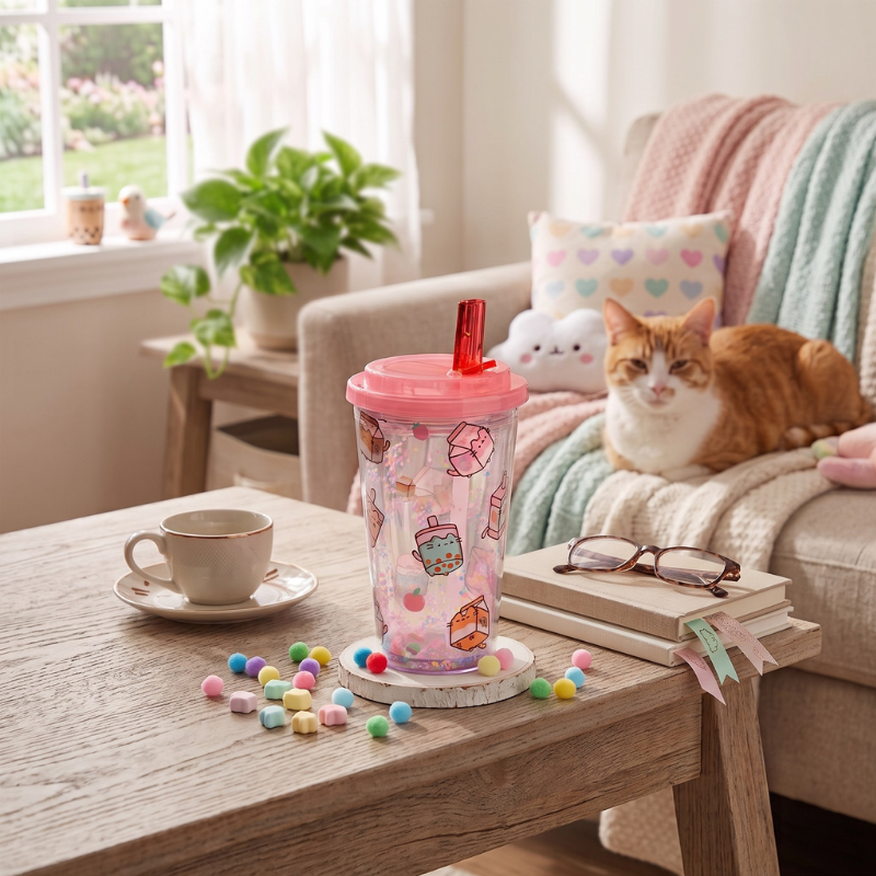 Vaso Pusheen con pajita reutilizable sobre escritorio