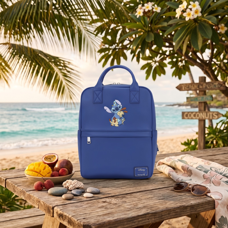 Mochila Stitch Loungefly detalle del estampa tropical con amigos animales