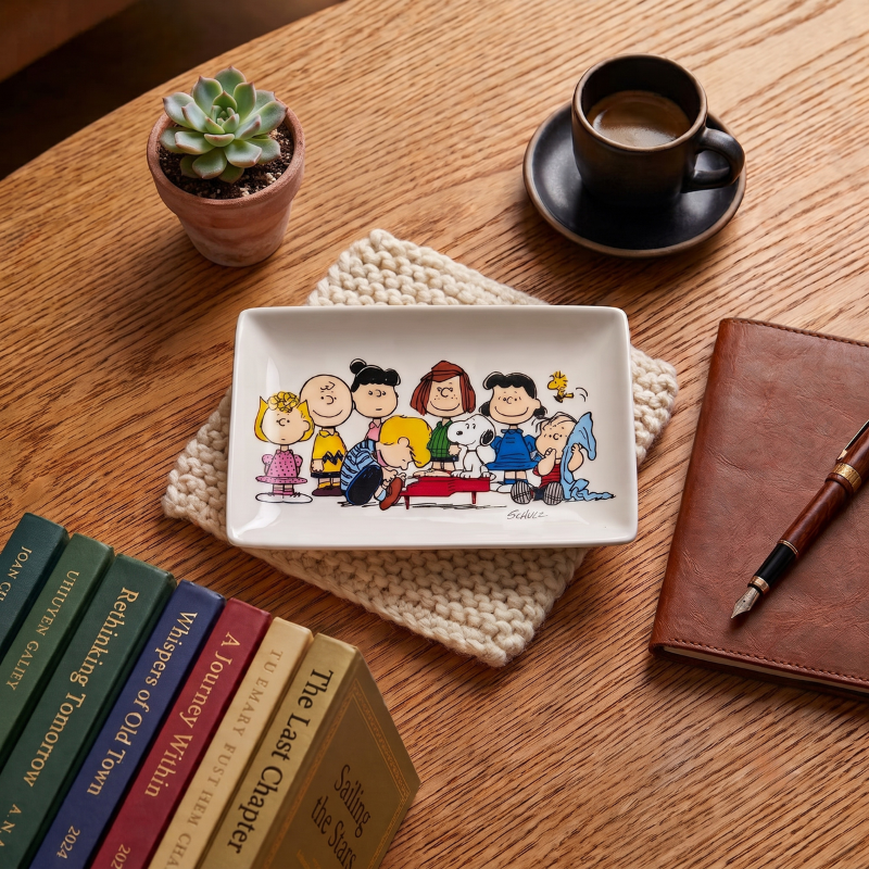 Detalle de la ilustración de Snoopy, Charlie Brown y Woodstock en la bandeja