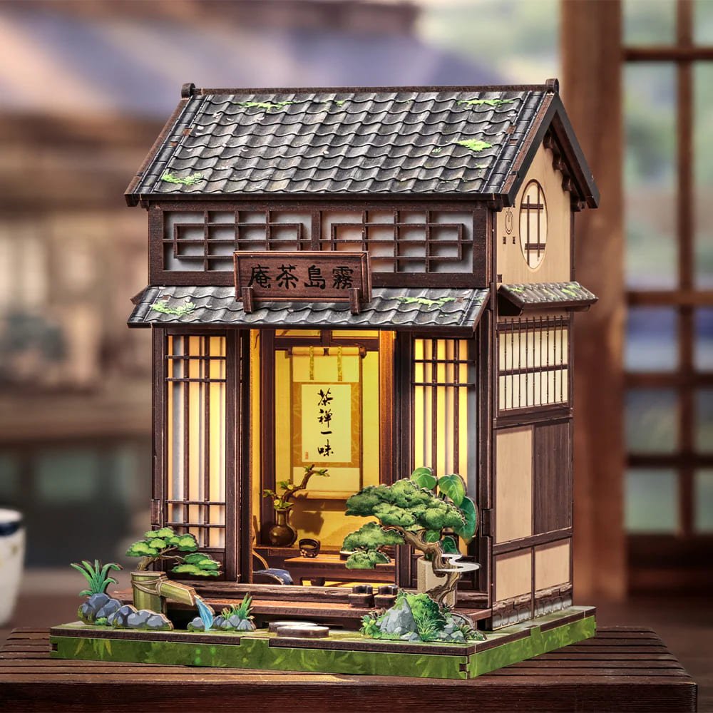 Vista frontal del diorama de madera de la casa de té japonesa