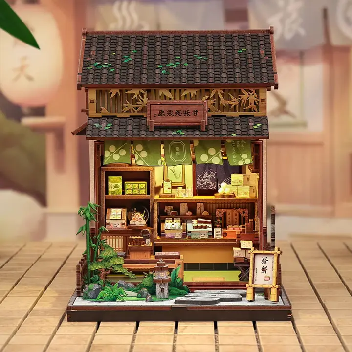 Book Nook tienda de dulces japoneses colocado entre libros