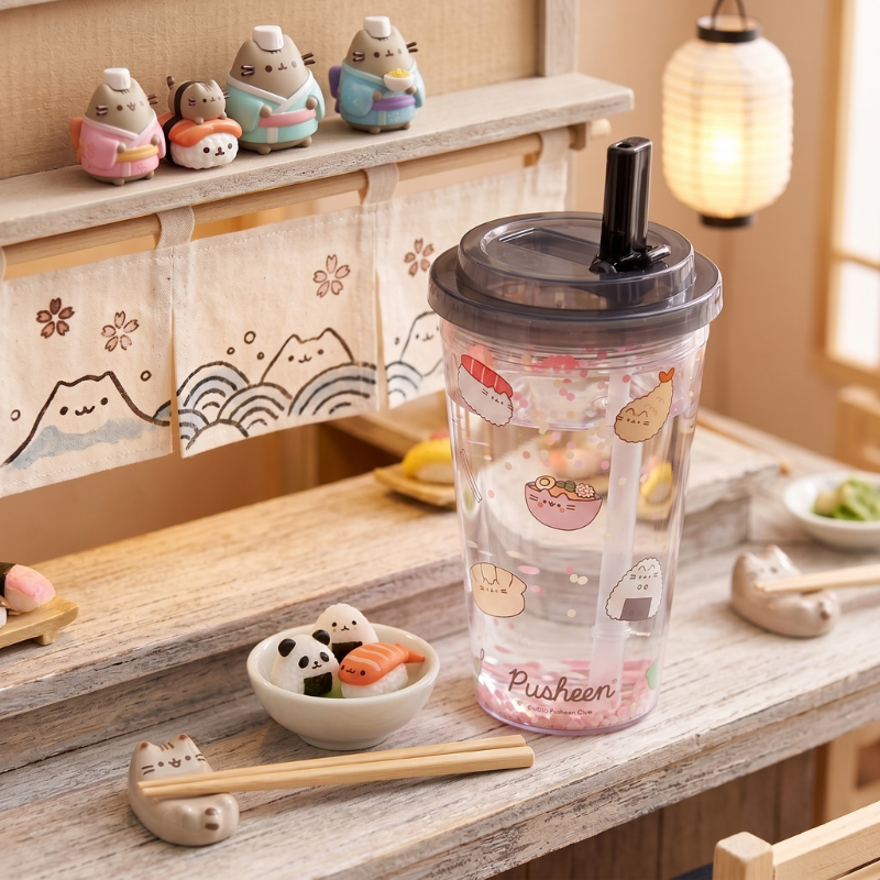 Detalle del estampado de Pusheen comiendo sushi en el vaso
