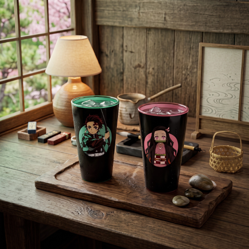 Vasos de vidrio Tanjiro y Nezuko Demon Slayer sobre mesa
