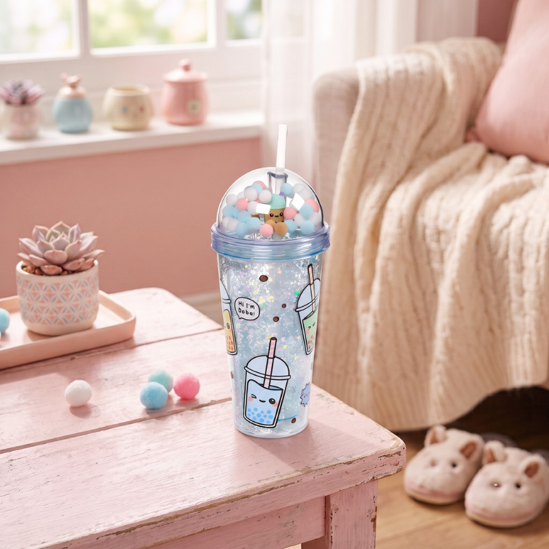 Vaso Bubble Tea con tapa texturizada y pajita rígida de 23cm