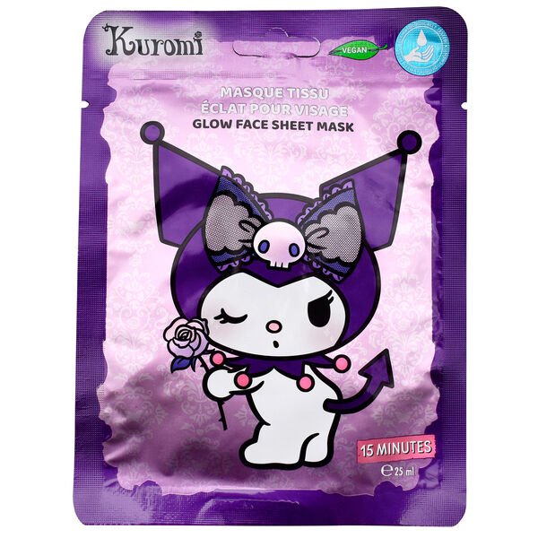 Mascarilla Kuromi facial de tela para un acabado glow en envase morado oficial de Sanrio