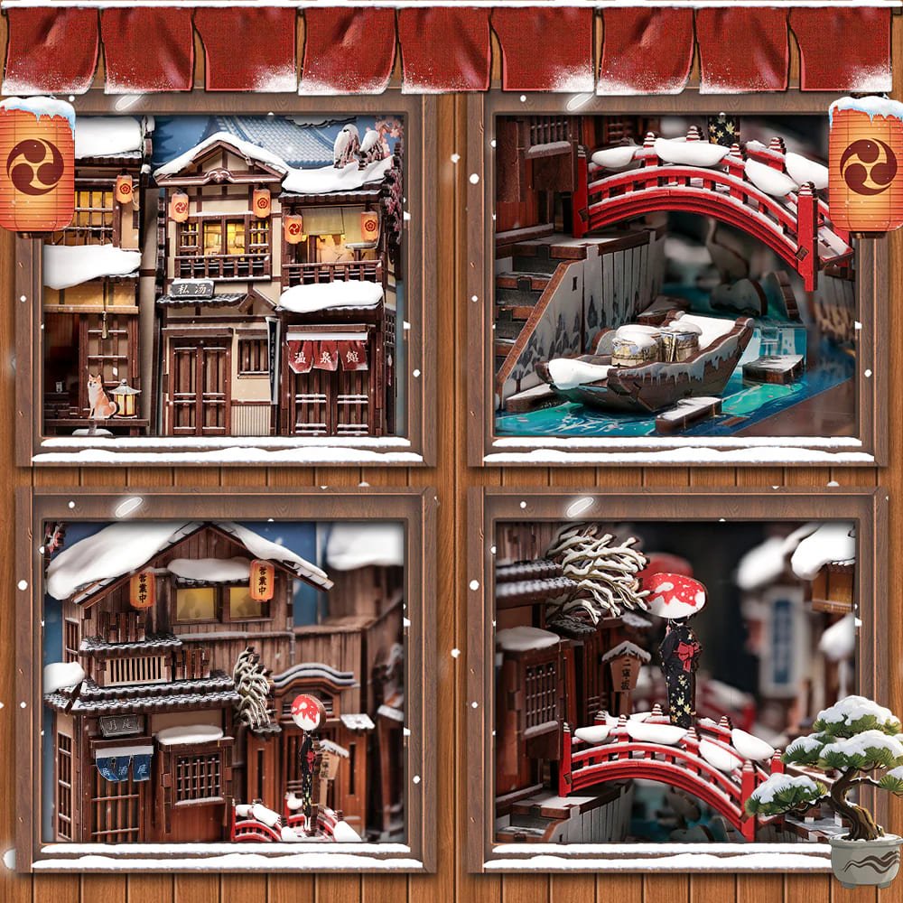 Vista completa del diorama Book Nook Invierno en Kioto terminado