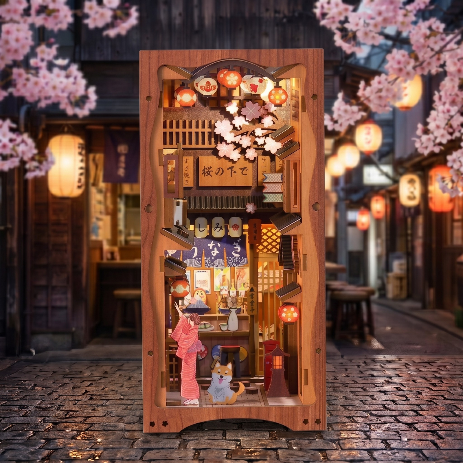 Figura con kimono y perrito en el diorama Book Nook Cerezo en Flor