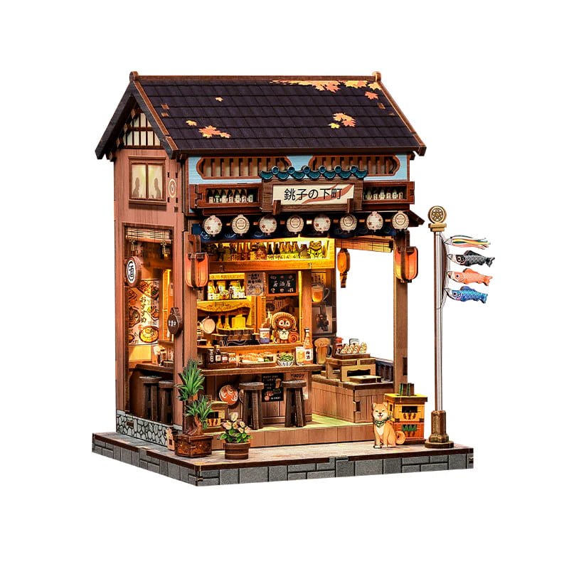 Vista nocturna del Book Nook Izakaya con luz LED encendida