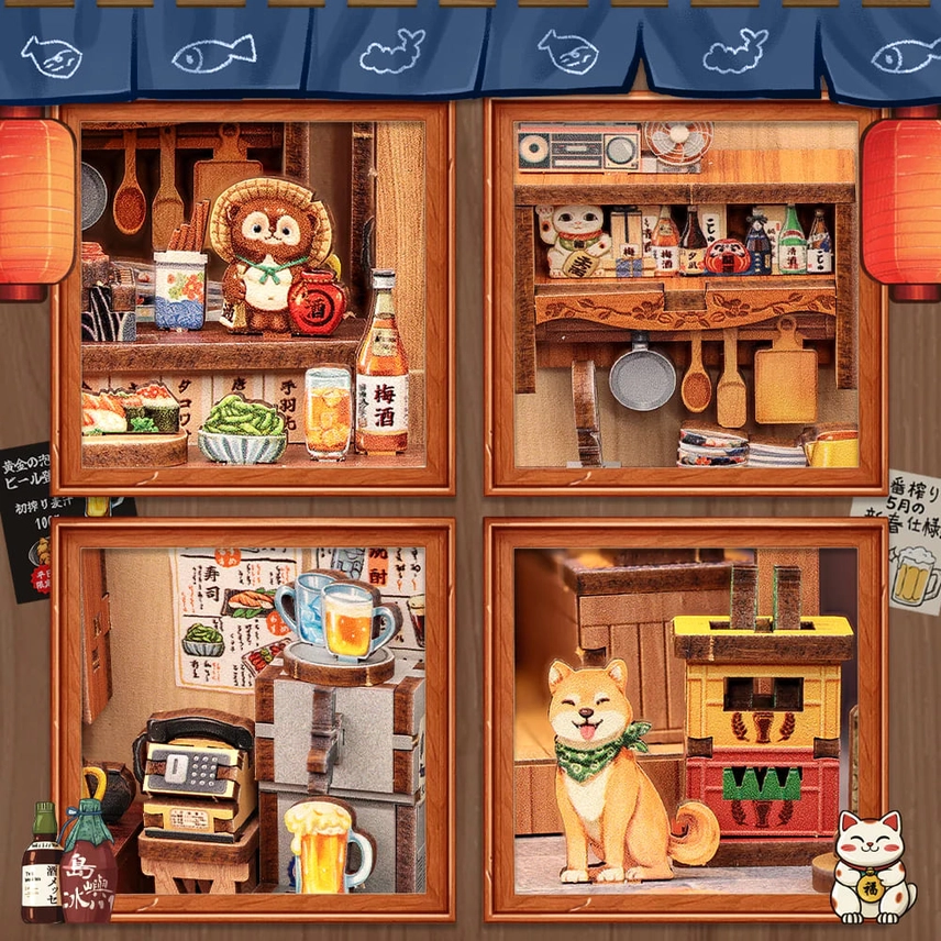 Estanterías con figuras de Tanuki y gato de la suerte en el Book Nook Izakaya