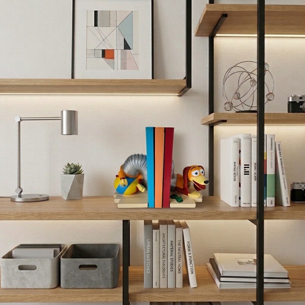 Sujetalibros Slinky sosteniendo libros en una estantería cozy