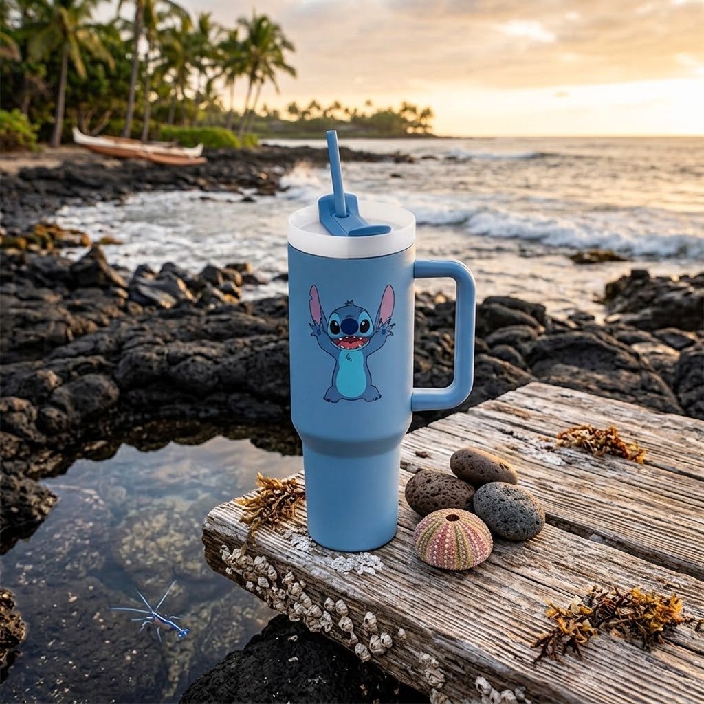 Detalle de la ilustración de Stitch en el vaso térmico tumbler
