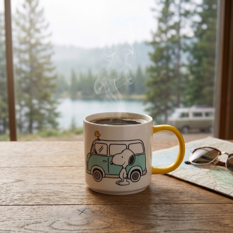 Taza Snoopy Happy Camper vista lateral con ilustración de furgoneta