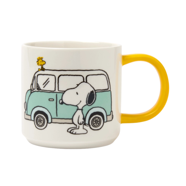 Taza Snoopy Happy Camper de porcelana con asa amarilla, 330ml