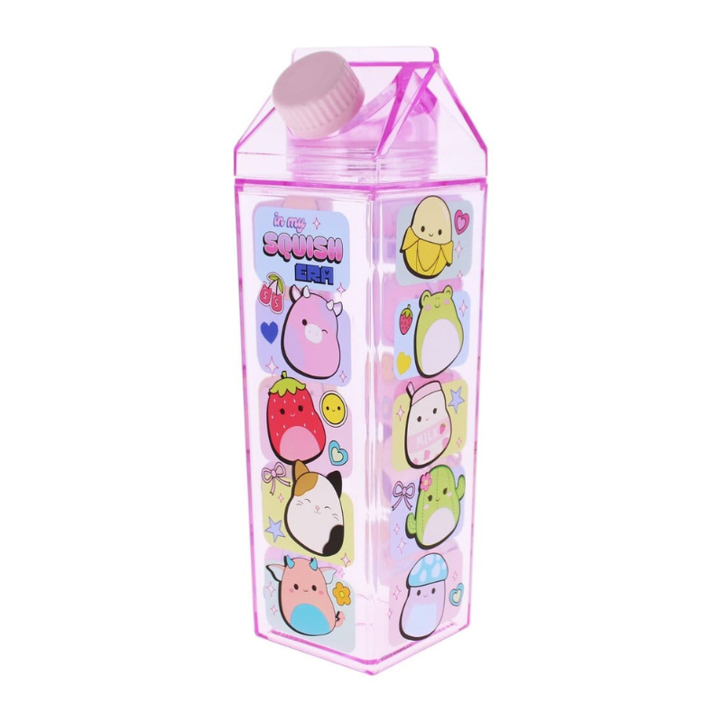 Botella Squishmallows con ilustraciones de fresita, gatita y vaquita