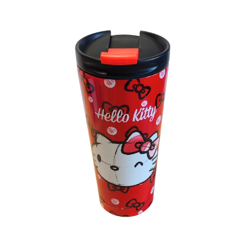 Vaso térmico Hello Kitty rojo, vista lateral mostrando el tamaño