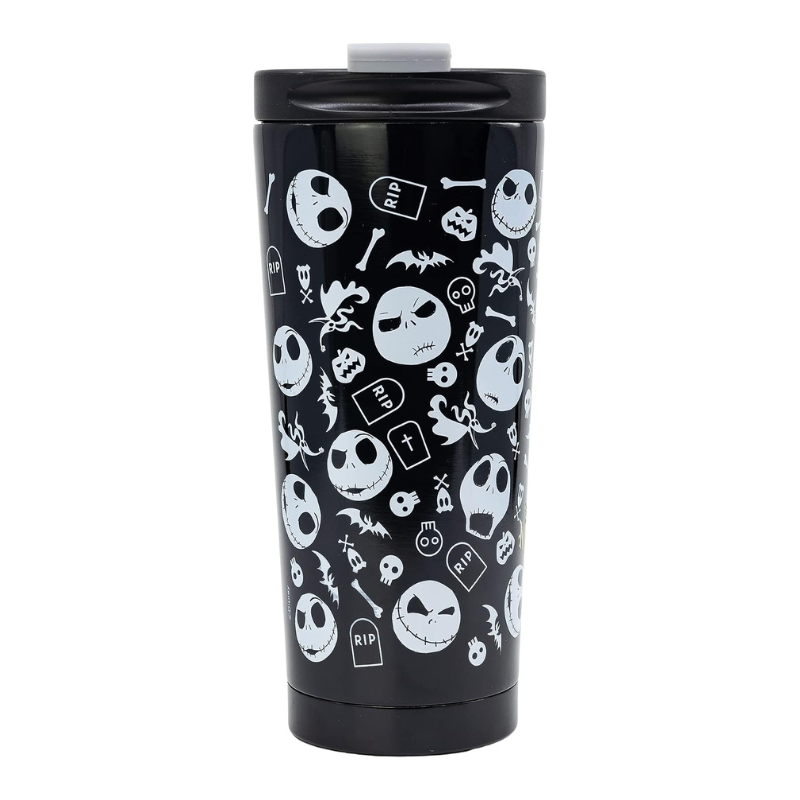 Vaso térmico negro con ilustraciones de Jack Skellington y calabazas