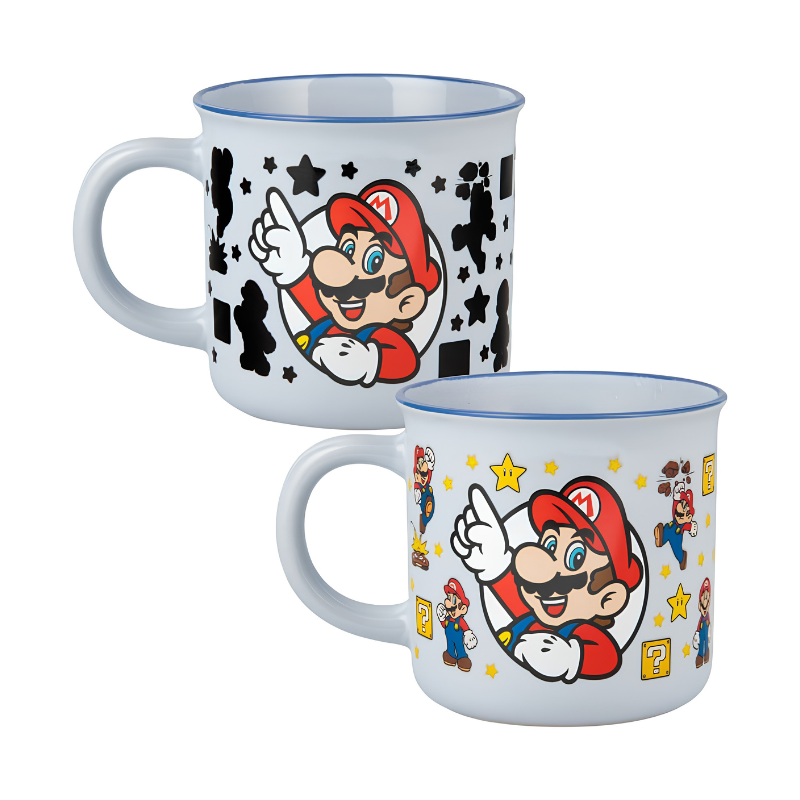 Taza mágica Super Mario en frío con siluetas oscuras de Mario